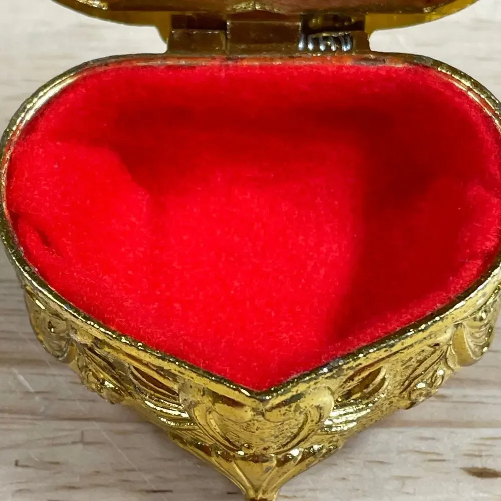 Vintage Gold Trinket Jewelry Box Japan Embossed Ship & Heart Hinged Footed